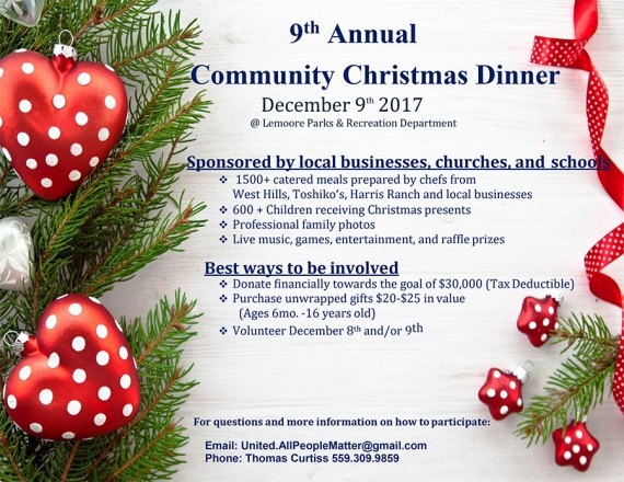 Holidays bring 9th Annual Community Christmas Dinner at Rec Center Dec. 9 Holidays bring 9th Annual Community Christmas Dinner at Rec Center Dec. 9